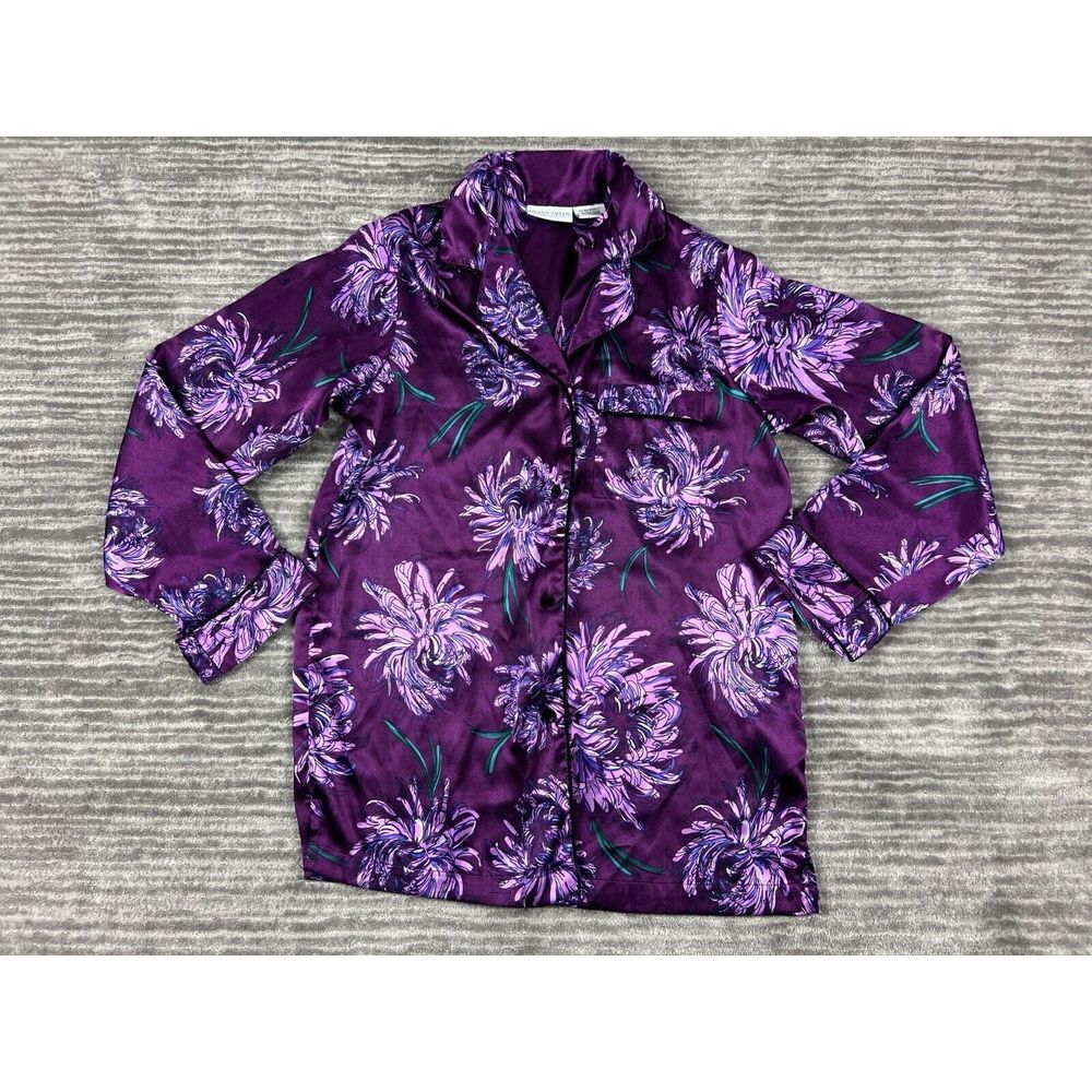 Jaclyn Smith Sleepwear Top Womens XS Purple Floral Button Front Longsleeve Satin